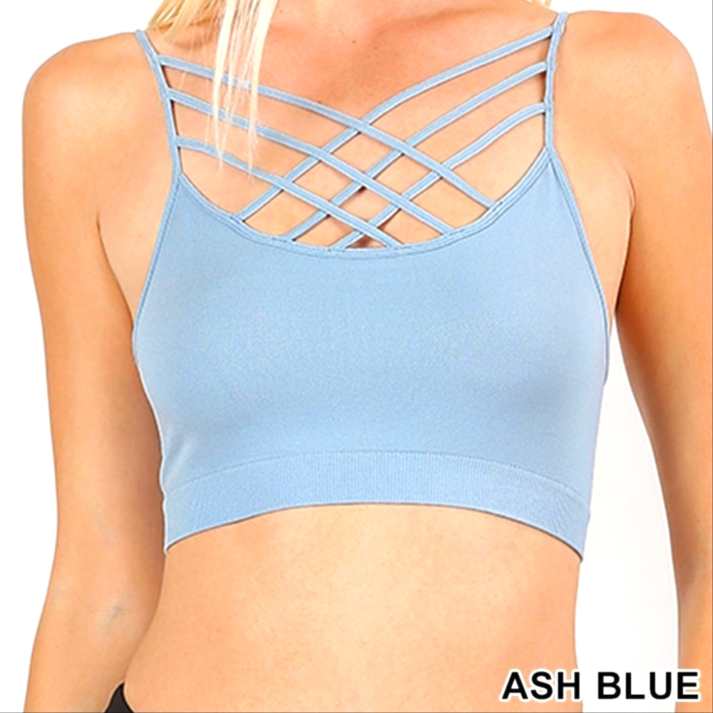 Zenana:Beautiful Seamless Crisscross Front Bralette w/Removable pads, Ash blue